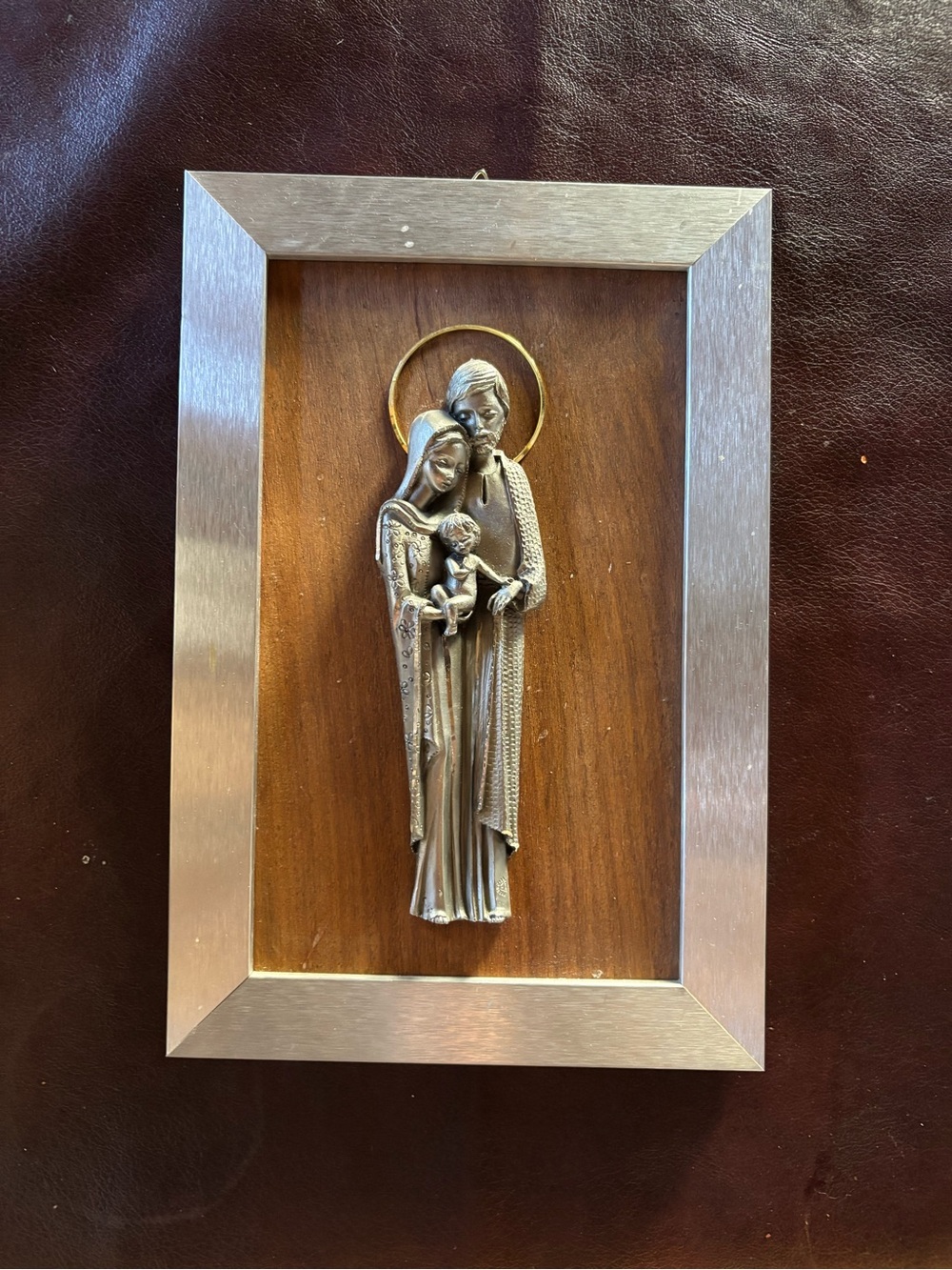 Wood Frame Religious Wall Plaque with Silver-Tone Relief